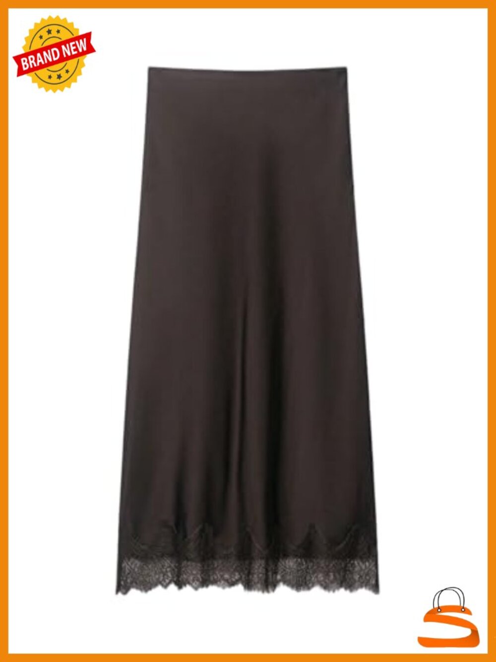 Satin Lace Ruffle Maxi Skirt Elastic Waist High Rise Side Zipper
